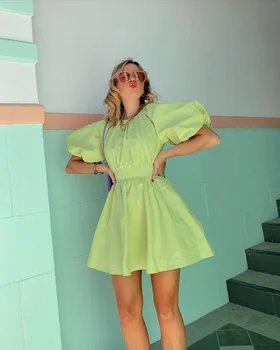 Moarcho Vasaros Suknelė Žalia vientisos Spalvos Apvalios Kaklo Sluoksniuotos Rankovėmis Mini Suknelė Aukšto Juosmens Atgal Tuščiaviduriai Iš Mados Šalis 2021new