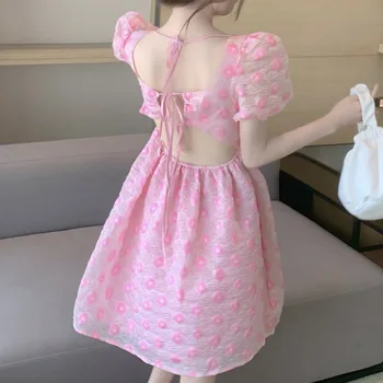 Moteriški Drabužiai Vasaros 2021 Mados Naujų Kvadratinių Kaklo Sluoksniuotos Rankovėmis Lėlės Suknelė Saldus Temperamentas Pink Gėlių Spausdinti Šifono Suknelės