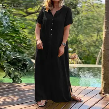 Moteriški Vasaros Padalinta Sundress ZANZEA 2021 Elegantiškas Marškinėliai Suknelė Atsitiktinis Trumpas Rankovės Maxi Vestidos Moterų Mygtuką, Chalatas, Negabaritinių