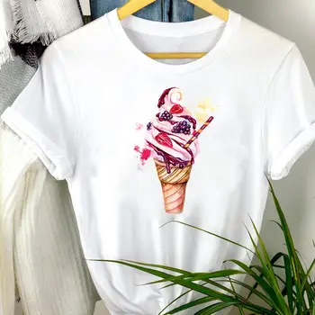Moterų Drabužiai Ledų Akvarelė Tendencija Naujas Animacijos Vasaros Spausdinti Mados trumpomis Rankovėmis Marškinėlius Moterų Tee Viršuje Grafinis T-shirt