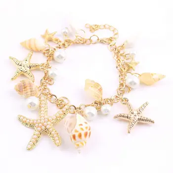 Moterų Mados Vandenyno Stiliaus Multi Žvaigždė Jūros Žvaigždė Myli Shell Imituojamas-Pearl Grandinės Paplūdimio Bangle Apyrankės Naujiena