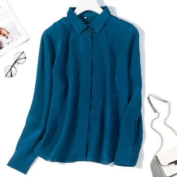 Moterų Mulberry Šilko Krepo Šilko Mėlyną Mygtuką žemyn ilgomis rankovėmis marškinėliai Viršuje Palaidinė Valstybės tarnybos darbą, M, L, XL JN582