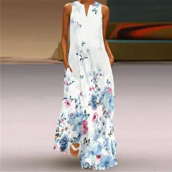 Moterų Suknelė Vasaros 2021 Elegantiška Panele Suknelės Rankovių Skaitmeninio Spausdinimo V Kaklo Kišenės Prarasti Maxi Suknelė už Šalis