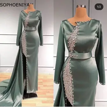 Naujas Atvykimo Satino Dangus Mėlynas Dubajus Vakaro suknelės ilgomis rankovėmis suknelė 2021 Kristalai Vakare Puošnios suknelės, Chalatas de bal femme longue