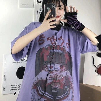 QWEEK Gotikos Marškinėliai Anime Harajuku Estetinės Moterų Drabužių Vasarą E Mergina Trumpas Rankovės marškinėliai Moterims 2021 Baltos Viršūnės Moteris