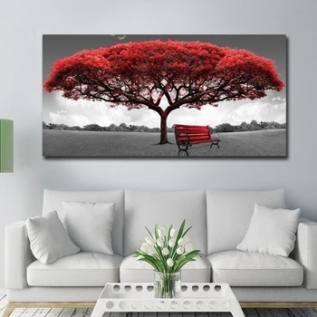 Raudona Medžių ir Kėdės Kraštovaizdžio Naftos Tapyba ant Drobės, Plakatų ir grafikos Skandinavijos Sienos Meno Nuotrauką Kambarį Cuadros