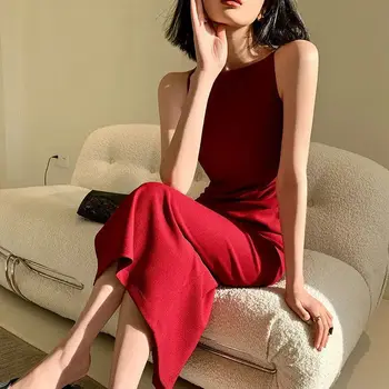 Raudona suspender suknelė vasaros 2021 naujos mados, seksualus, slim ir slim