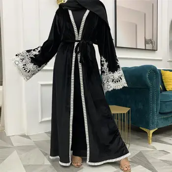 Rudenį, Žiemą Aksomo Kimono Atidaryti Priekiniai Abaja Musulmonų Moterų Nėriniai Kratinys Turkija Dubajus Abaja Ilgas Cardigan Duster Suknelė, Hijab