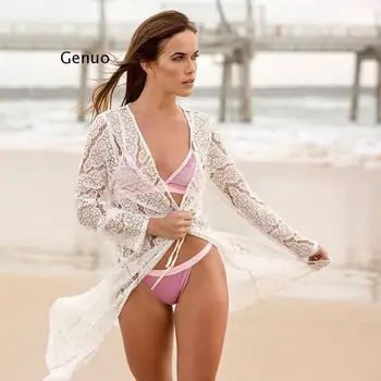 Seksualus Chalatas De Plage Moterų Bikini Padengti Ups, Nėriniai Nėrimo Tuščiaviduriai Iš Pareos Para Žaisti Tunikas Paplūdimio Suknelė Cardigan Padengti Iki