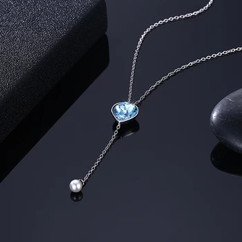 SILVERHOO S925 Sterlingas Sidabro Širdies Pakabukas Ilgi Kutai Karoliai Moterų Šviečia Mėlyna Austrijos Kristalų Fine Jewelry Karšto pardavimo