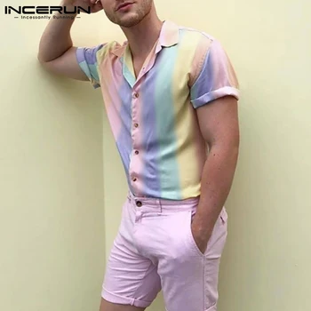 Vasarą Vyrai Havajų Marškinėliai Pasukite Žemyn Apykaklės Trumpas Rankovės Atsitiktinis Camisas Hombre Streetwear 2021 Mados Kaklaraištis Dažų Viršūnes INCERUN S-5XL