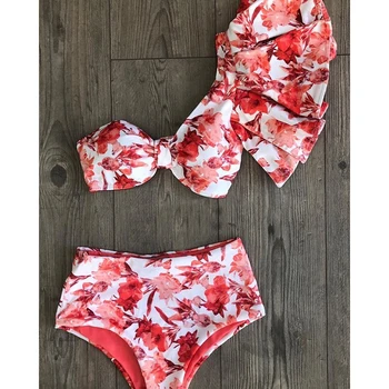 Vienos Pečių Bikini Komplektas 2021 Seksualus Pynimas maudymosi Kostiumėliai Moterims, maudymosi kostiumėlį Aukšto Juosmens Maudymosi Kostiumas, Paplūdimio Raudona Spausdinti Biquini moteris