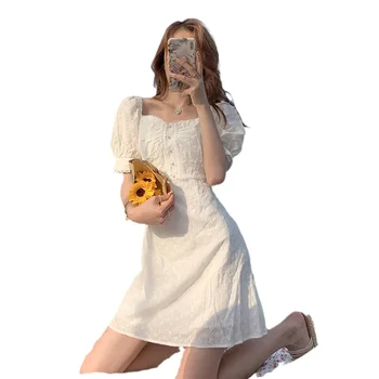 Vingate Siuvinėjimo Aikštėje Apykaklės Elegantiškas Nėrinių Suknelė Moterims Sluoksniuotos Rankovėmis Atsitiktinis Prašmatnus Gėlių Suknelė Korėjos Mygtuką Dizainas Vasaros 2021