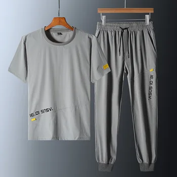 Vyrų Rinkiniai Vasaros Tracksuit Kvėpuojantis Sweatsuit Sweatpants Jogger Vyrų Atsitiktinis vientisos Spalvos marškinėliai+Kelnės Vyras 2-piece Set HA214