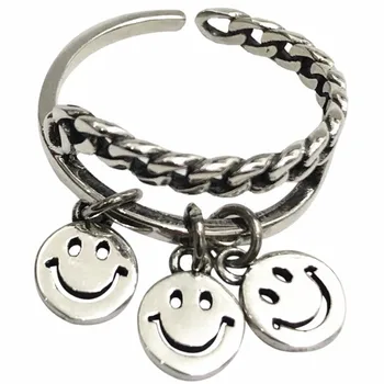 Šypsena žiedas korėjos versija asmenybės papuošalai nereguliarus grandinės atidarymo žiedas moterų retro dvisluoksnį sulse smiley veido žiedas