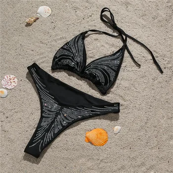 2020 metų Vasaros Drabužių Seksualus Juodos spalvos Deimantų Paplūdimio Tvarstis Bikini Komplektas Femme maudymosi kostiumėlį, Laisvalaikio Europos Maudymosi Kostiumą SJ6399R