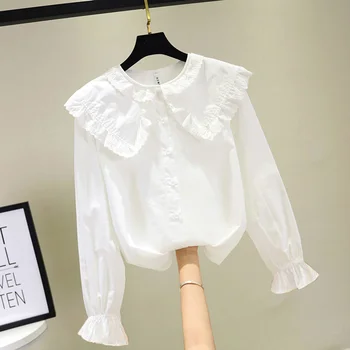 2021 m. Pavasarį, Rudenį Naujas Mergaičių Marškinėlių korėjos Drabužiai Balti Marškiniai Vaikų Nėrinių Baby Girl Viršuje Palaidinė ilgomis Rankovėmis Atsitiktinis Tunika