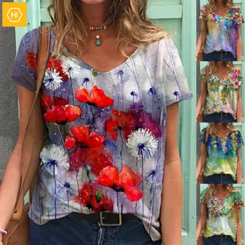 2021 Moterys Vasarą T-Shirt Moterų 3D Gėlių Spausdinti V-Kaklo trumpomis Rankovėmis Ponios Tee Marškinėliai Atsitiktinis Palaidų Negabaritinių Marškinėliai Viršuje T012