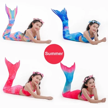 2021 Naujas 4 Spalvų Mielas Vasaros Mergaičių maudymosi kostiumėlį Undinėlės Uodega Princesė Suknelė su Undinėlės Kostiumu 3 Gabalas Cosplay maudymosi kostiumėlis 3-8y