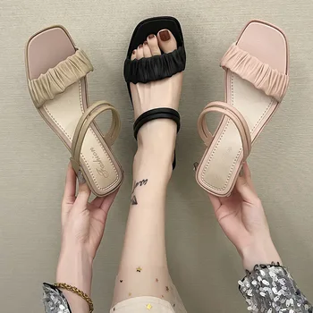 2021 Sandalai Moterų Dual-Naudoti Aukštakulniais Mados korėjos Versija Paprasta Sandalai Išorinis Dėvėti moteriški Sandalai ir Šlepetės