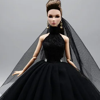 3pcs/daug Aukšto Kaklo Mados Vestuvių Suknelė Barbie Lėlės Komplektus Princesė Vakare Šalis Suknelė Ilgos Suknelės Lėlės Drabužiai & Šydas