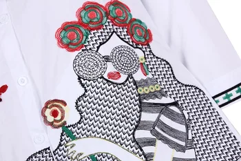 Abstrakti Siuvinėjimas, Marškinėliai, Topai Moterų Vasaros Rudens Mados 3/4 Rankovės Atsitiktinis Palaidinės Ponios Baltos Spalvos Stovas Collor Doll Marškinėliai