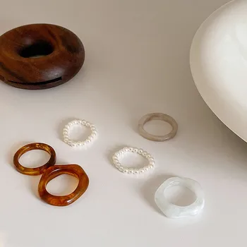 AOMU 3pcs/SET Derliaus Saldus Dizaino Netaisyklingos Geometrinės Akrilo Soros Granulių Perlų Žiedas aplink Žiedus Moterų, Mergaičių Paprasta Papuošalai