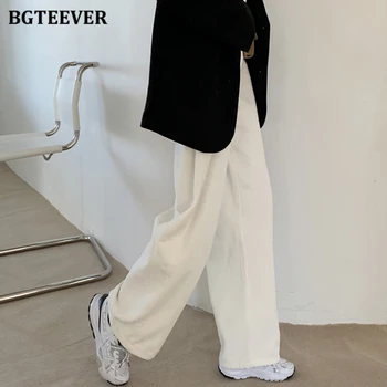BGTEEVER Atsitiktinis Moterų Velvetas Ilgas Kelnes Elastinga Aukštos Juosmens Kišenę Laisvus Moterų Tiesios Kojos Kelnės 2021 M. Pavasarį Mėlyna Pantalon