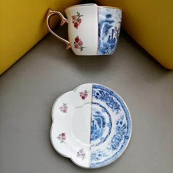 Derinys Kinijos ir Vakarų Mėlynos ir Baltos spalvos keramikinis Puodelis, Prabangus Retro Šviesos Prabanga Aukso Dažytos Kavos Puodelis ir Lėkštelė