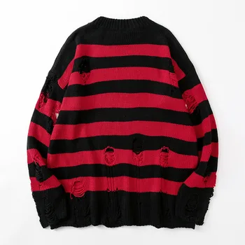 Dryžuotas Megztiniai Moterims Punk Unisex Džemperis Rudenį Tuščiaviduriai Iš Skylės Skaldytų Jumper Prarasti Negabaritinių Pullouvers Harajuku Streetwear