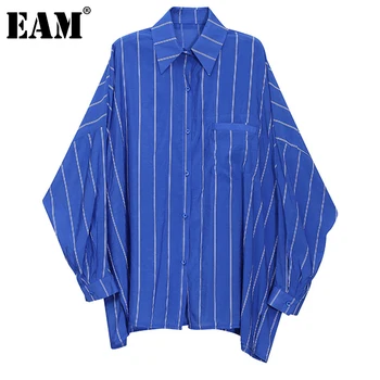 [EAM] Moterys, Mėlyna Dryžuotas Spliced didelio Dydžio Palaidinė Naujas Atvartas ilgomis Rankovėmis Loose Fit Marškinėliai Mados Banga Pavasario Vasaros 2021 1DE0710