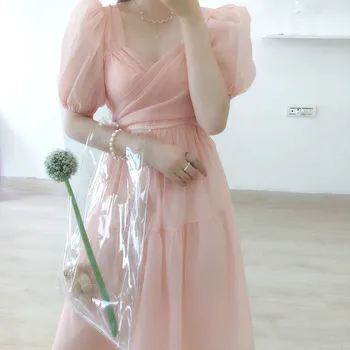 Elegantiškas Dizainerio Suknelė Moterims prancūzijos Rožinė Tvarstis Suknelė Atsitiktinis Sluoksniuotos Rankovėmis Slim Nėriniais, Šifono Suknelė 2021 M. Rudenį moteriški Drabužiai