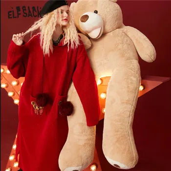 ELFSACK Kalėdų Red Bear Siuvinėjimas, Mezgimas Atsitiktinis Suknelė Moterims,2021 M. Žiemos ELF Derliaus Plaukų Kamuolys Raišteliu Moteriška Šalis Suknelės