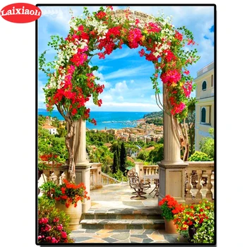 Gėlių sodas arch peržiūrėti Diamond tapybos kvadratiniu turas 5d pasidaryk pats vaizdas diamond Siuvinėjimo Viduržemio jūros Sienos freskos kraštovaizdžio,