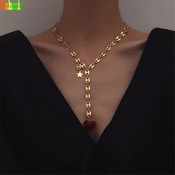 Kshmir Retro naujas metalo aukso raudona širdies pakabukas karoliai moteris banga raktikaulis megztinis grandinės, papuošalai, dovanos, didmeninė 2021