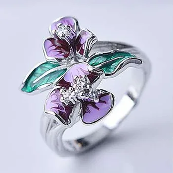 Kūrybos Violetinė Emalio Gėlės Žiedas Moterims Derlius kalnų krištolas Papuošalai, Žiedai, Moterų Kristalų Žalias Lapas Žiedas Moterų Vestuvių Žiedai