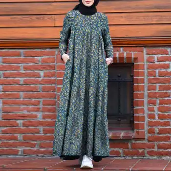 Mados 2021 Moterų Rudenį Musulmonų Kaftan Ilga Suknelė ZANZEA Elegantiškas Gėlių Spausdinti Vestidos Atsitiktinis ilgomis Rankovėmis Pynimas Turkija Hijab
