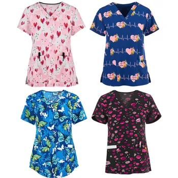 Mados Vasaros 2021 Moterų drabužių trumpomis Rankovėmis V-kaklo Viršaus Darbo Vienodas Animacinių filmų Spausdinimo Palaidinė slaugytoja priedai t-shirts