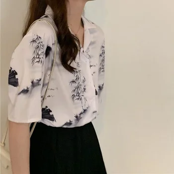Marškinėliai Moterims Rašalo Plauti Šifono Prarasti Kinų Stiliaus Laisvalaikio BF Unisex Streetwear Vieną Krūtinėmis Moterų Top Madinga Prašmatnus Populiarus