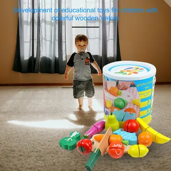Medinė Spalvinga Vaikų Vystymosi Švietimo Žaislai, Vaisių Ir Daržovių Barelių Supjaustyti Žaislai Vaikams Švietimo Žaislai