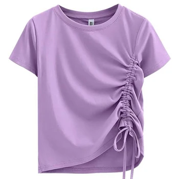 Moterys, O-Kaklo Viršūnes 2021 M. Vasarą Naujas Trumpas Rankovėmis marškinėliai Moteriška korėjos Stiliaus Kietas Lankas Medvilnės Slim Tees Raišteliu Trumpą T Shirts