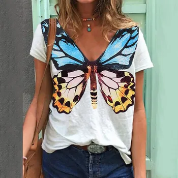Moterys Vasarą Butterfly Marškinėliai Harajuku Mados Vabzdžių, Gyvūnų Spausdinti Plus Size V-Kaklo Trumpomis Rankovėmis Viršūnes