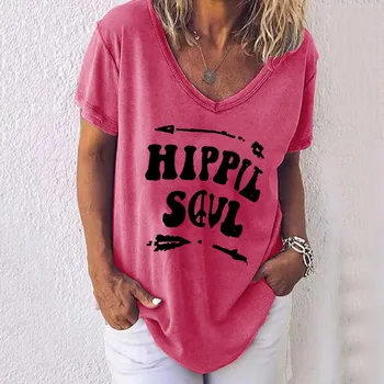 Moterų Atsitiktinis V-Kaklo Marškinėliai Trumpomis Rankovėmis Apvalios Kaklo Hipių Sielos Laiškas Spausdinti Tees Viršūnes Plius Dydis Camiseta Mujer Verano