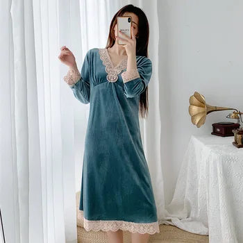 Moterų Naujų Long Sleeve Lace Palace Stiliaus Ilgo Kelio Aksomo Nightgowns Slik Sleepshirts Miego Dėvėti Moterims Derliaus Nightgowns