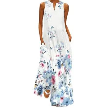 Moterų Suknelė Vasaros 2021 Elegantiška Panele Suknelės Rankovių Skaitmeninio Spausdinimo V Kaklo Kišenės Prarasti Maxi Suknelė už Šalis