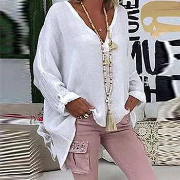 Moterų tunika Plius Dydis Moterų Atsitiktinis ilgomis Rankovėmis vientisos Spalvos Prarasti V-kaklo Marškinėliai, Palaidinukė Viršuje blusas mujer de moda 2020 m.