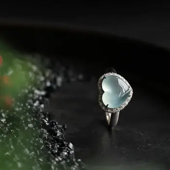 Natūralaus ledo chalcedony meilės širdies formos deimantų atidarymo reguliuojamas žiedo Kinijos retro žavesio moterų prekės sidabro papuošalai
