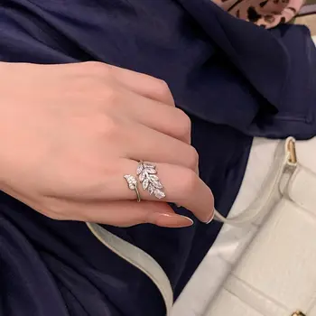 Prabangus Sidabrinis Cirkonis Lapų Formos Atidarymo Žiedai Moteris Neįprastų Priedai Korėjos Bižuterijos Šalies Merginos Žiedai