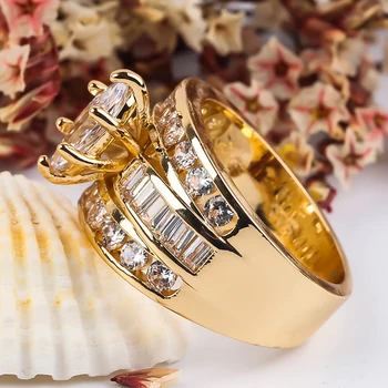 Prabangus Trijų Sluoksnių Užpildyti Baltas Cirkonis Kristalų Vestuviniai Žiedai, Moterų, Prabangos Aukso Spalvos Sužadėtuvių Žiedai Bižuterijos