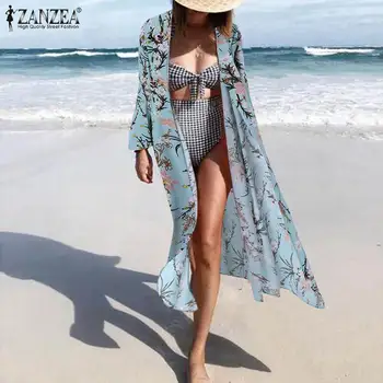 Senovinių Moterų Paplūdimio Cardigan ZANZEA Vasaros Bohemijos Gėlių Spausdinti Marškinėliai Atvira Priekiniai ilgomis Rankovėmis Kimono Ilgai Viršūnes Atsitiktinis Palaidinė